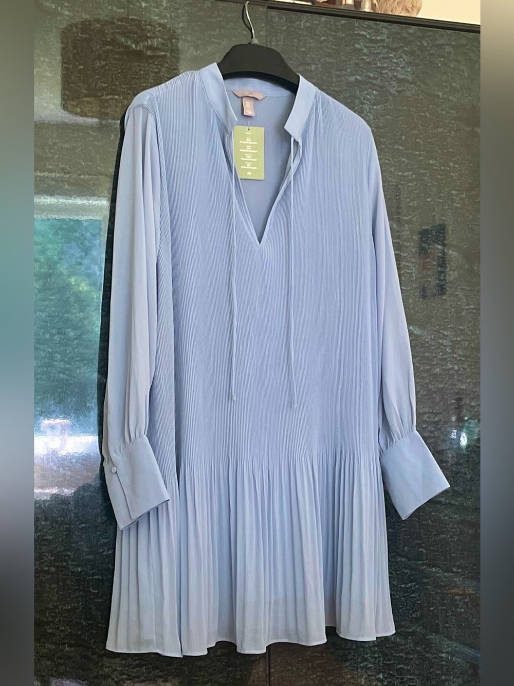 H&M Baby Blue Long Sleeve Dress with V-Neck and Pleats-Classy, Preppy, Chic